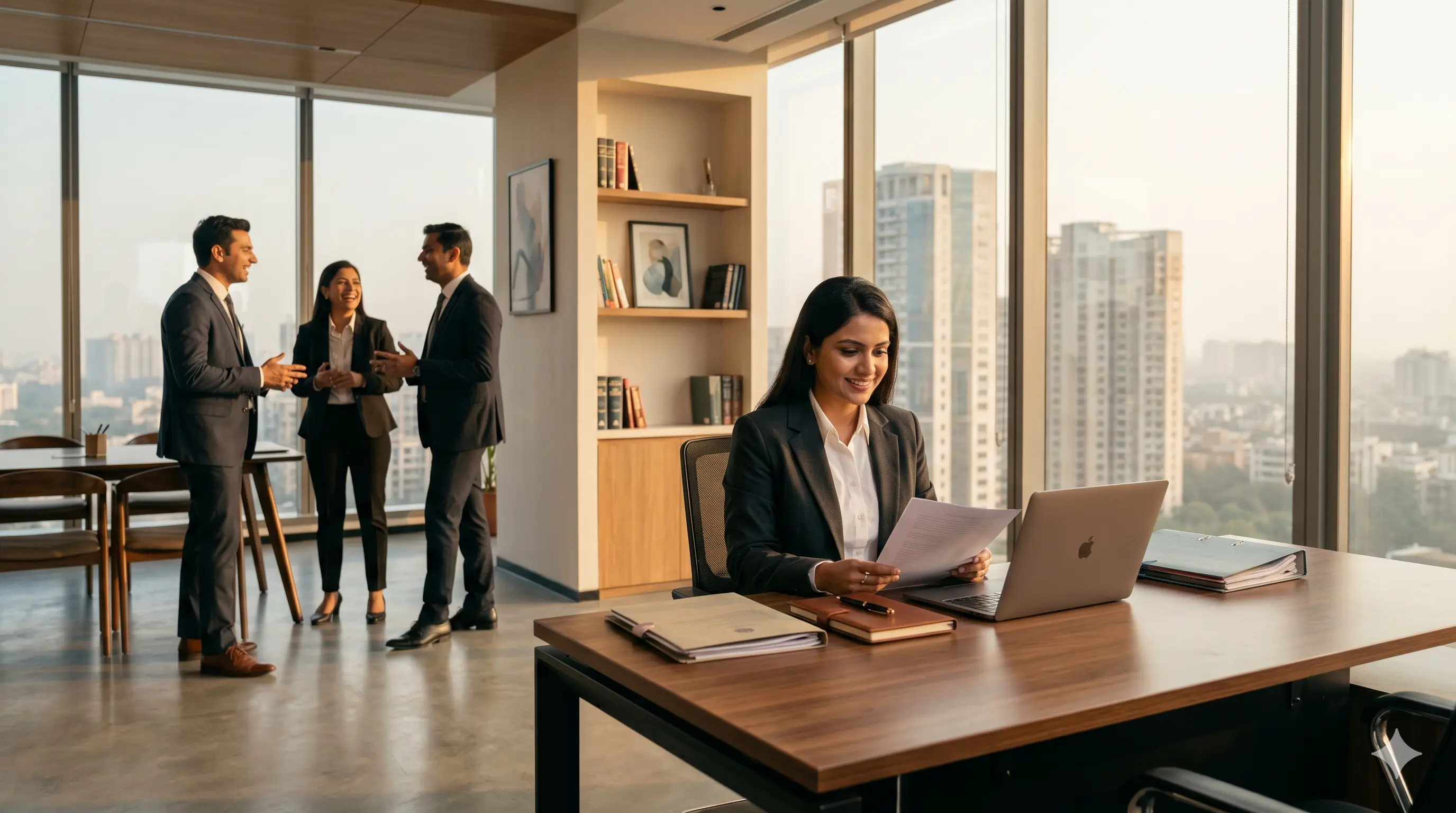 Professional lawyer assisting a first-time startup founder at a modern law office — LexWiser legal services for entrepreneurs and businesses across India